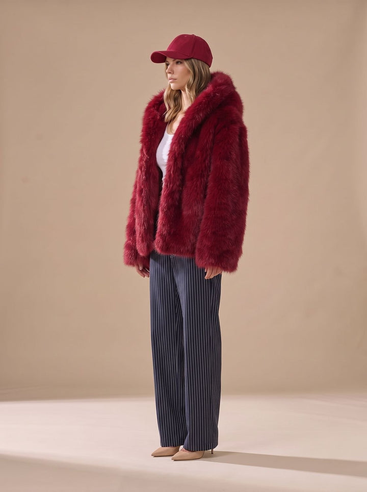 Women's Oversized Hooded Faux Fur Coat Long Sleeve Winter - Red