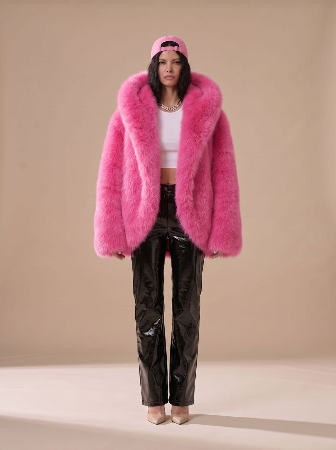 Women's Oversized Hooded Faux Fur Coat Long Sleeve Winter - Rose Red