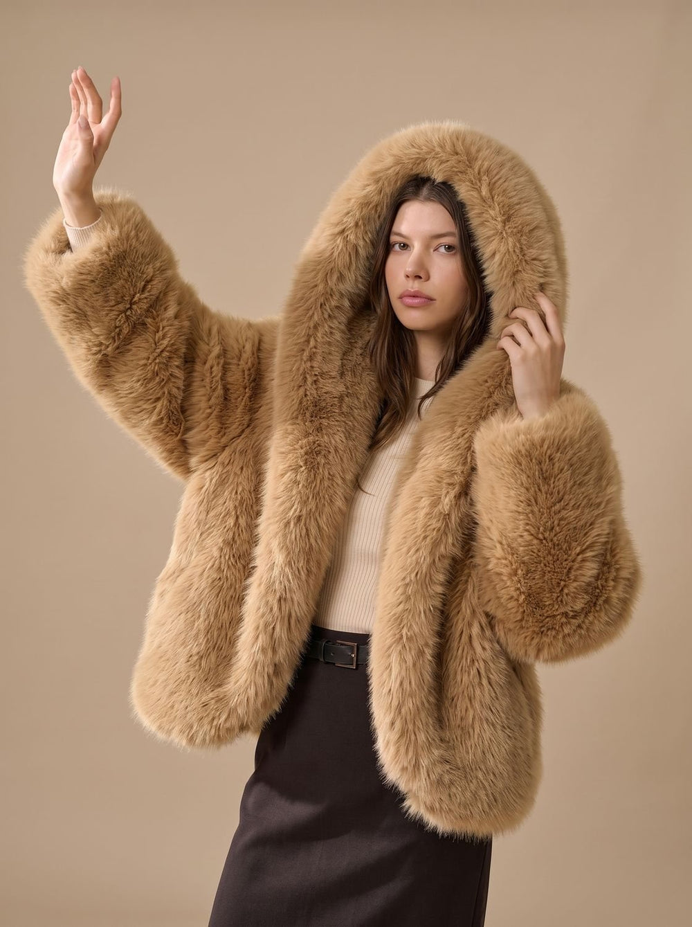 Women's Oversized Hooded Faux Fur Long Sleeve Winter Coat - Brown