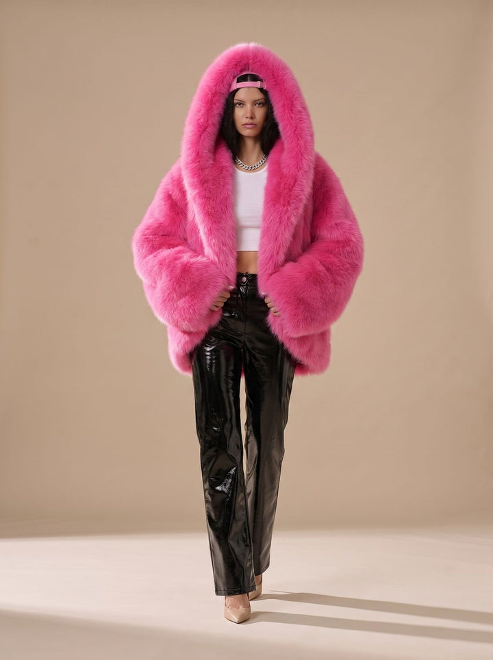 Women's Oversized Hooded Faux Fur Long Sleeve Winter Coat - Rose Red