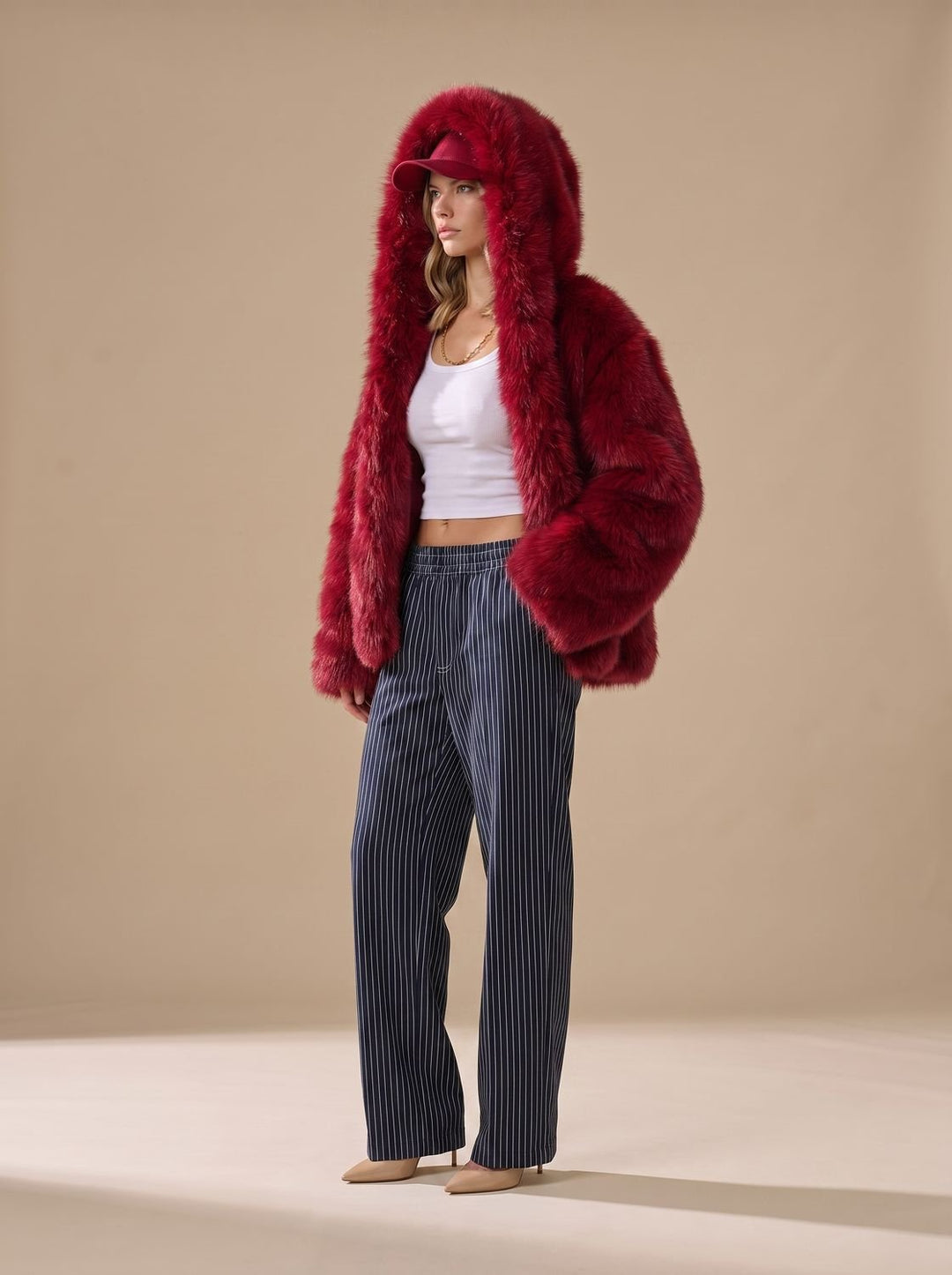 Women's Oversized Hooded Faux Fur Long Sleeve Winter Coat - Red