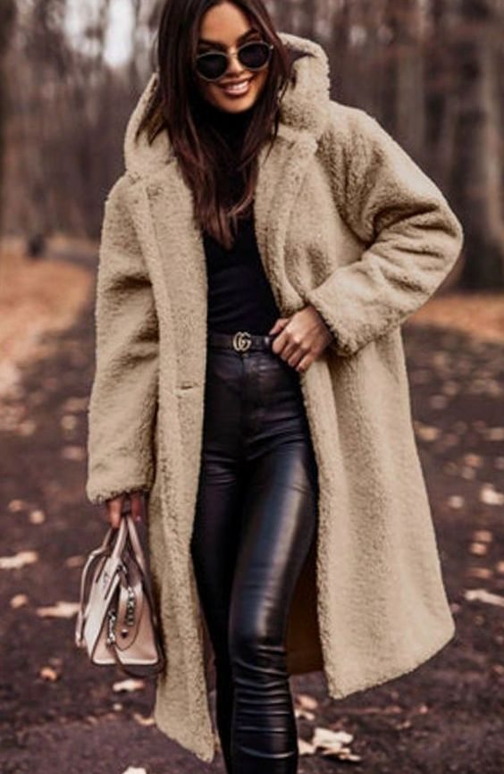 Women's Oversized Hooded Faux Fur Long Winter Coat - Beige