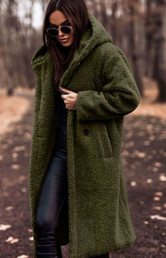 Women's Oversized Hooded Faux Fur Long Winter Coat - Green