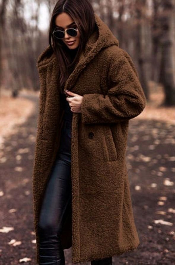 Women's Oversized Hooded Faux Fur Long Winter Coat - Brown