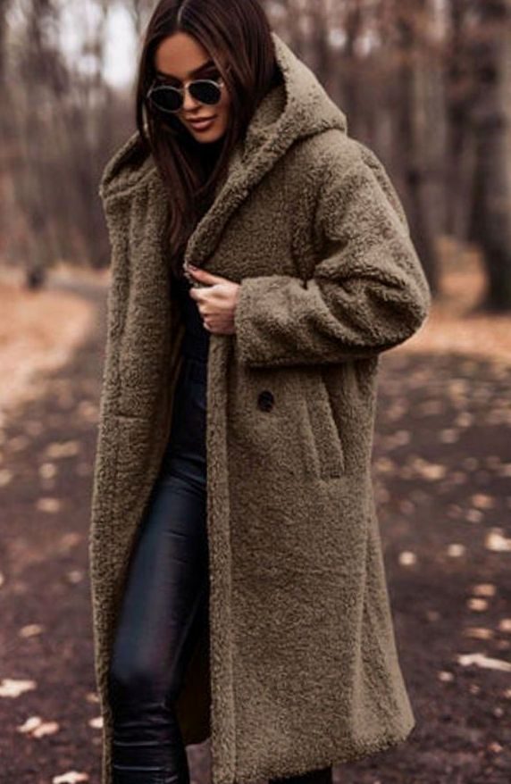 Women's Oversized Hooded Faux Fur Long Winter Coat - Khaki