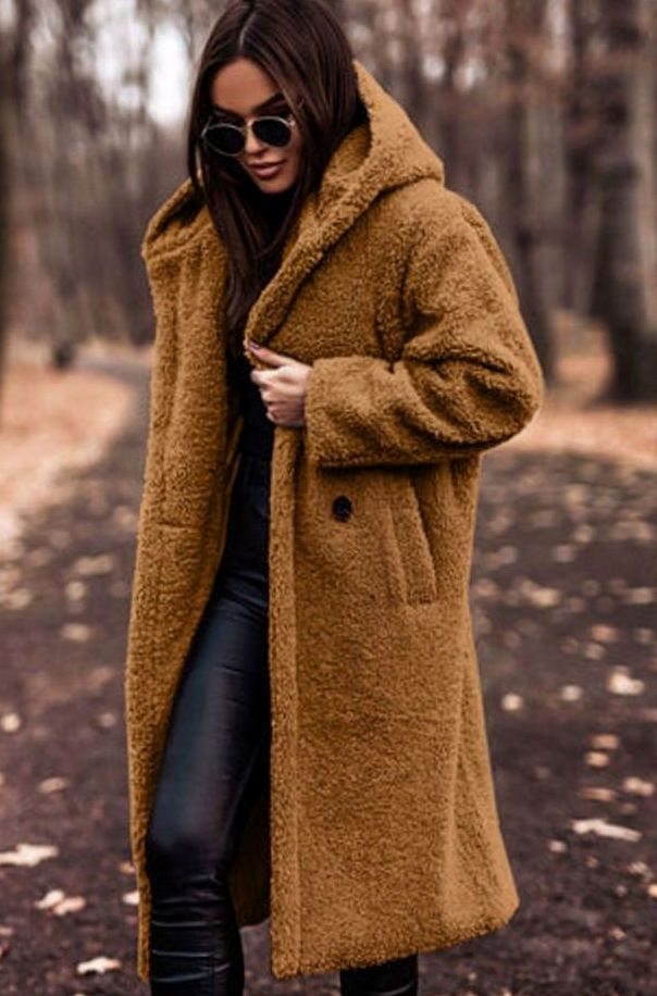 Women's Oversized Hooded Faux Fur Long Winter Coat - Caramel