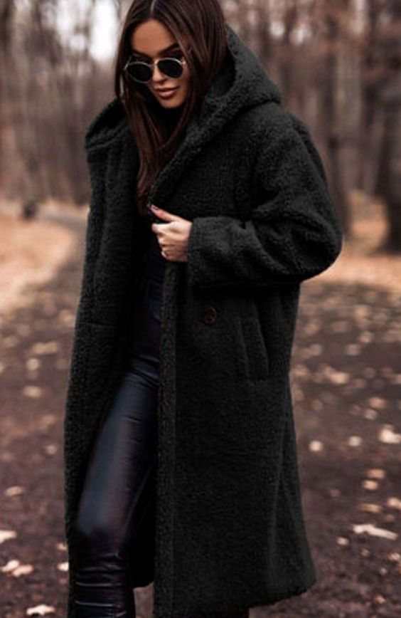 Women's Oversized Hooded Faux Fur Long Winter Coat - Black