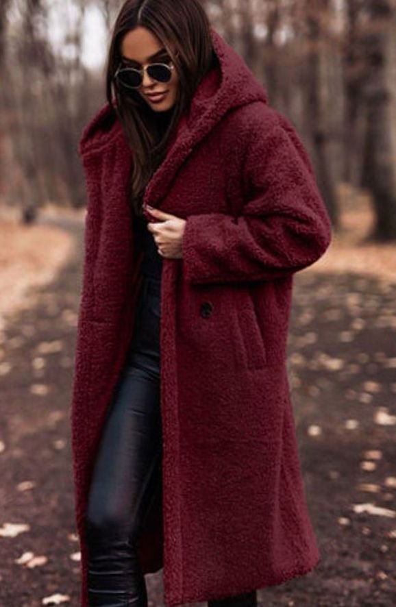 Women's Oversized Hooded Faux Fur Long Winter Coat - Red