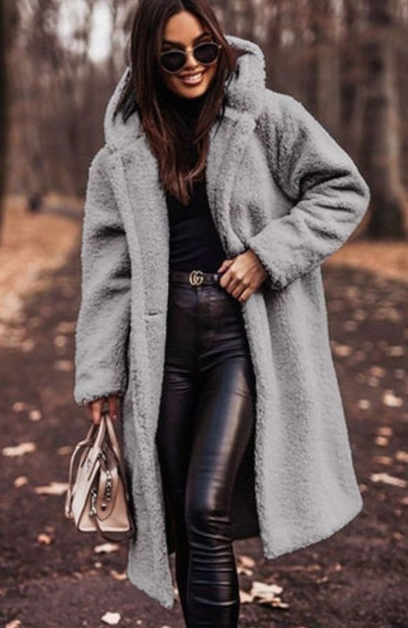 Women's Oversized Hooded Faux Fur Long Winter Coat - Gray