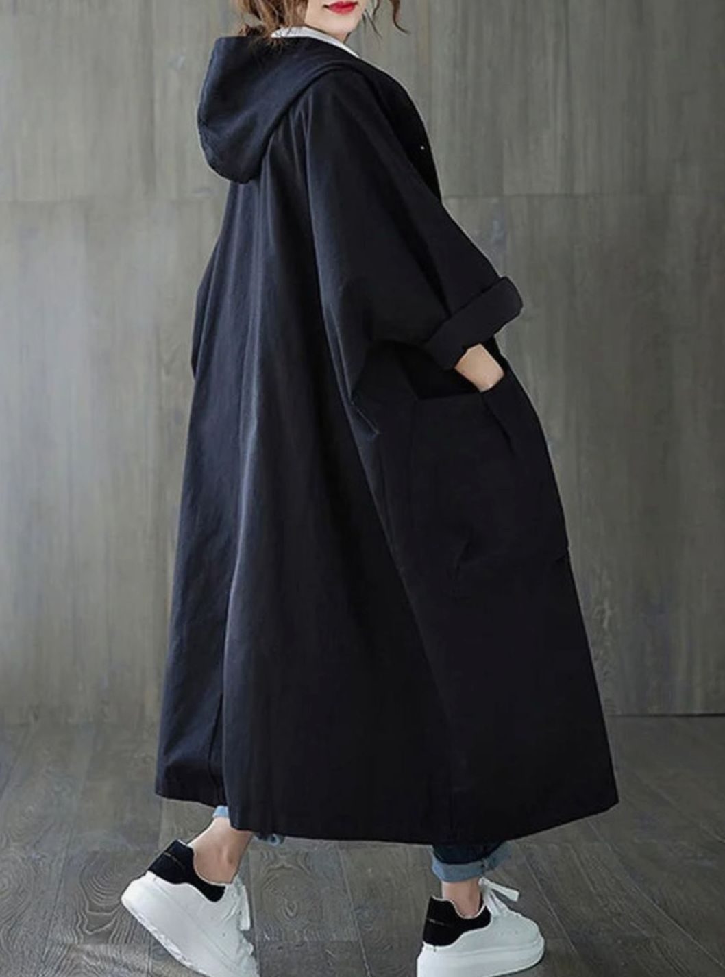 Women's Oversized Hooded Longline Casual Coat - Black