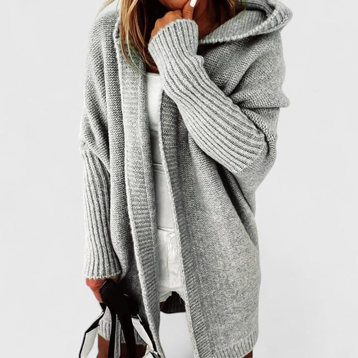 Women's Oversized Hooded Open-Front Knit Cardigan - Gray