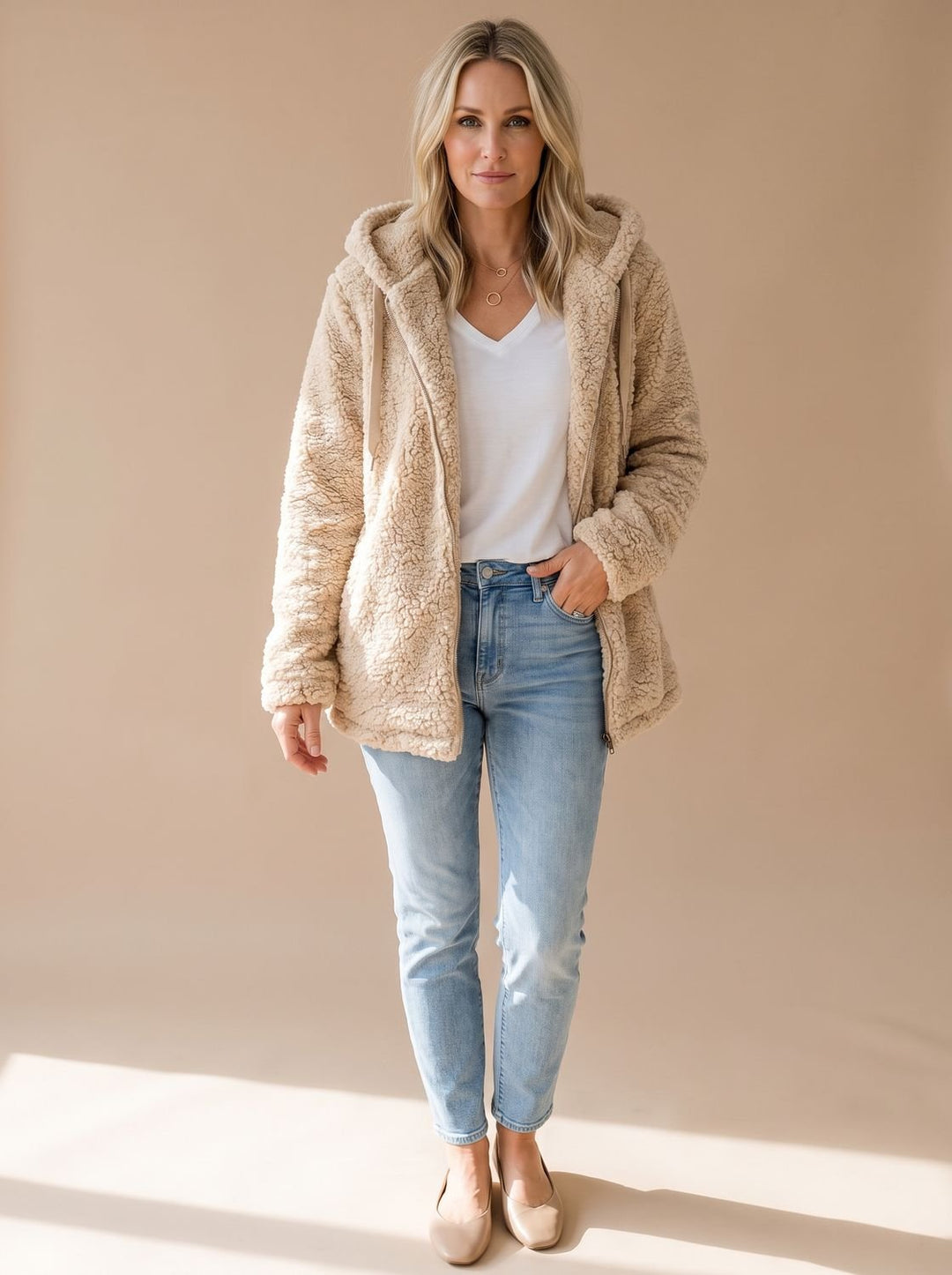 Women's Oversized Hooded Teddy Fleece Zip-Up Coat - Beige