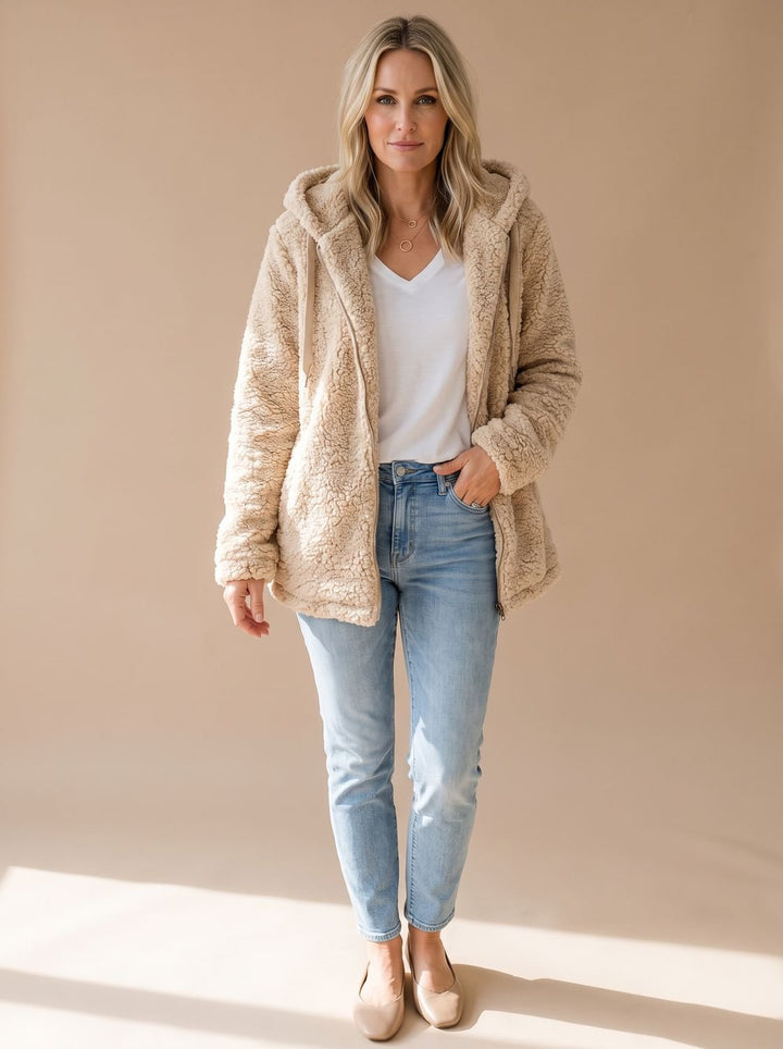 Women's Oversized Hooded Teddy Fleece Zip-Up Coat - Beige