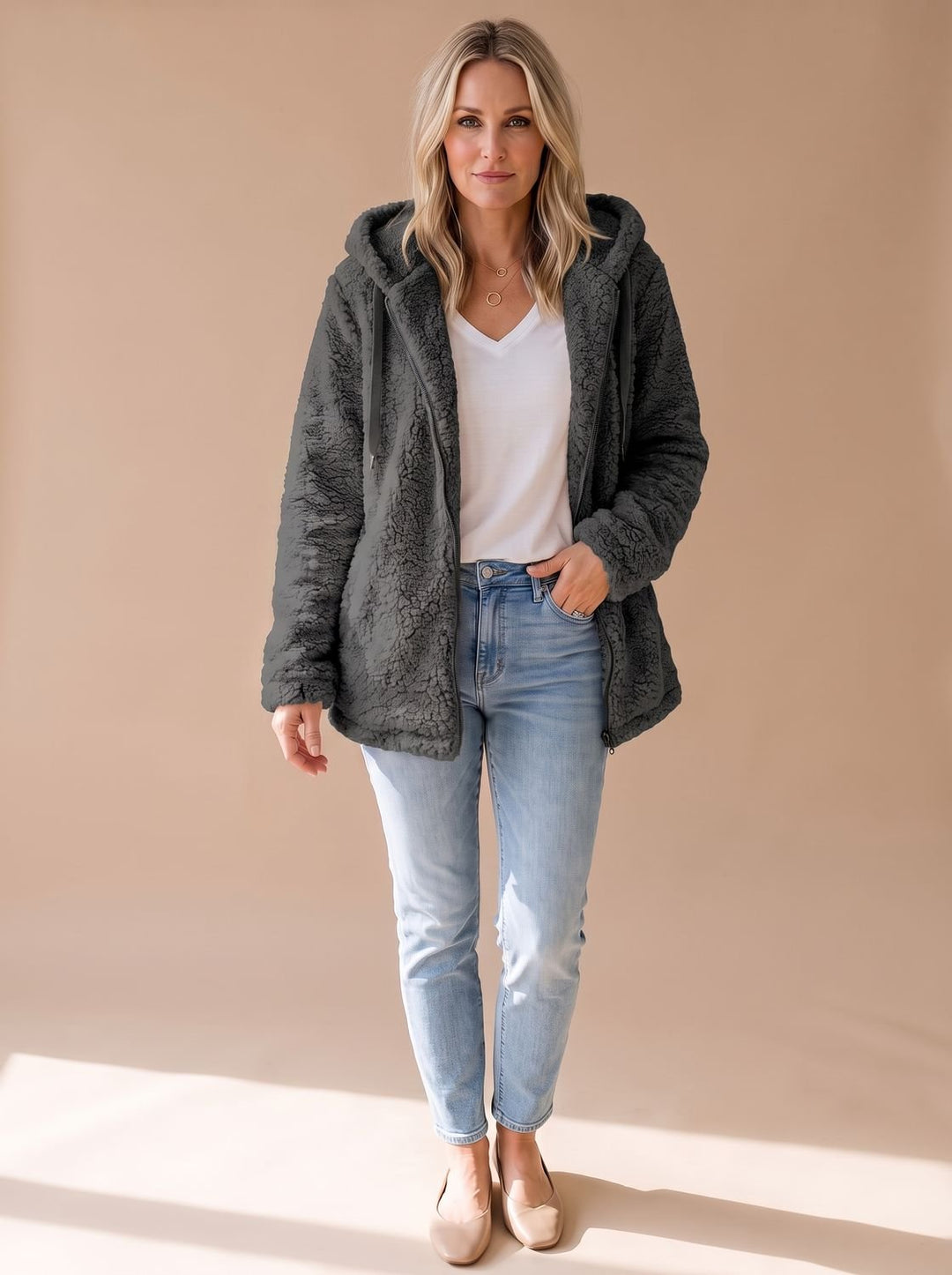 Women's Oversized Hooded Teddy Fleece Zip-Up Coat - Black