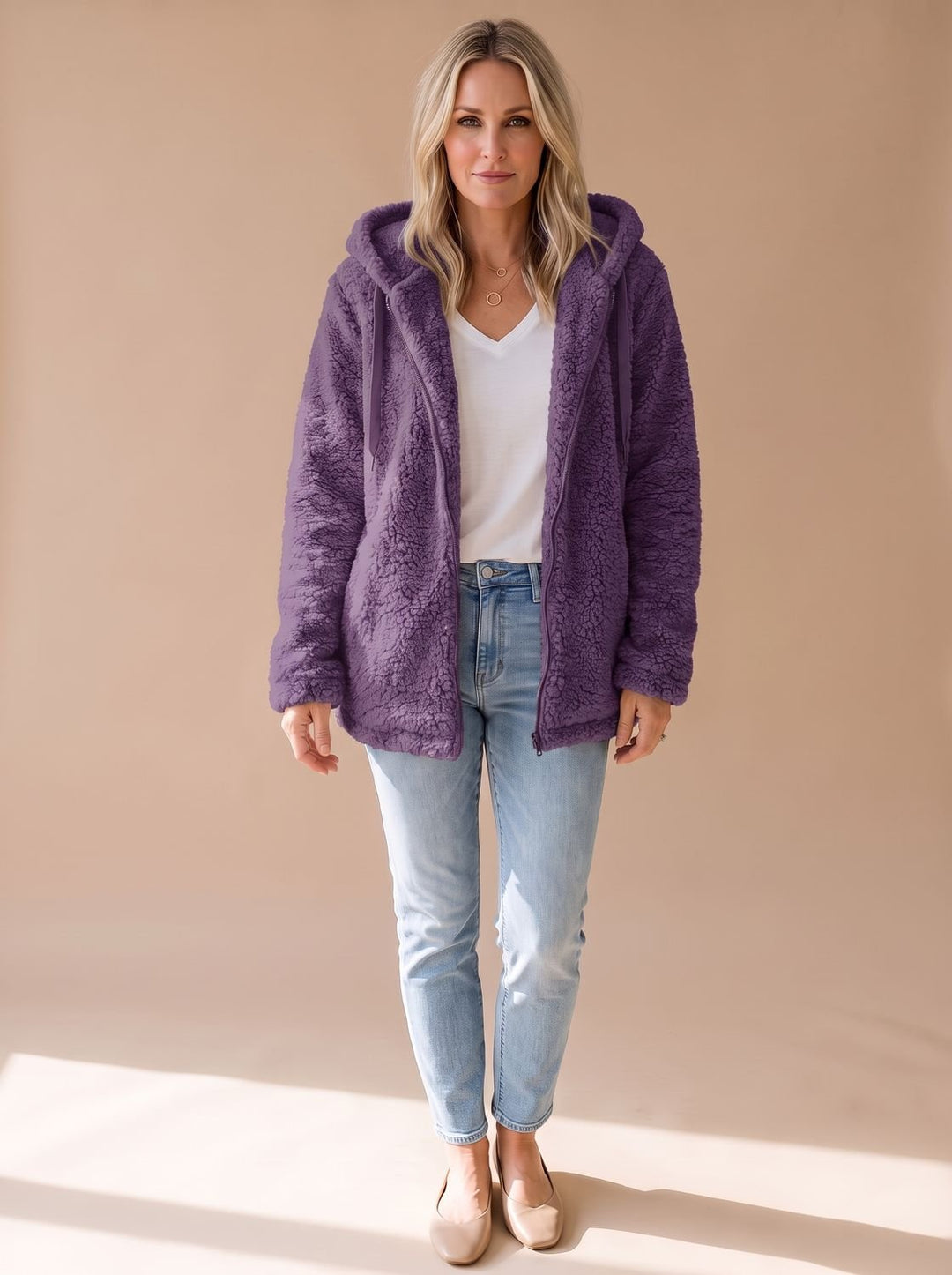 Women's Oversized Hooded Teddy Fleece Zip-Up Coat - Purple