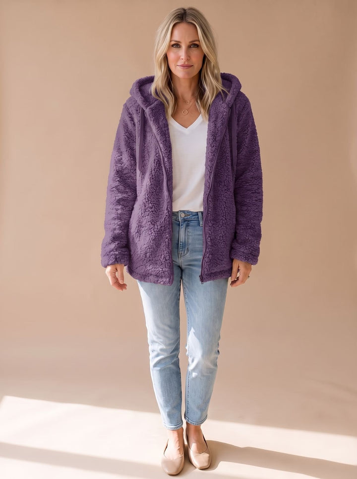 Women's Oversized Hooded Teddy Fleece Zip-Up Coat - Purple