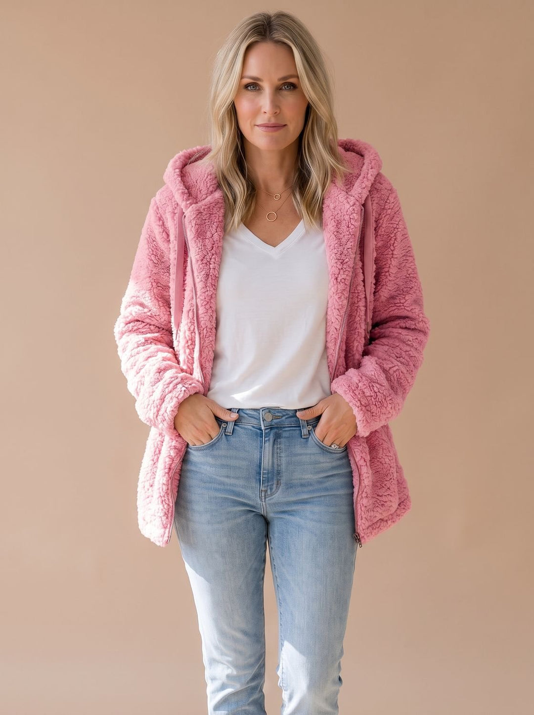 Women's Oversized Hooded Teddy Fleece Zip-Up Coat - Pink