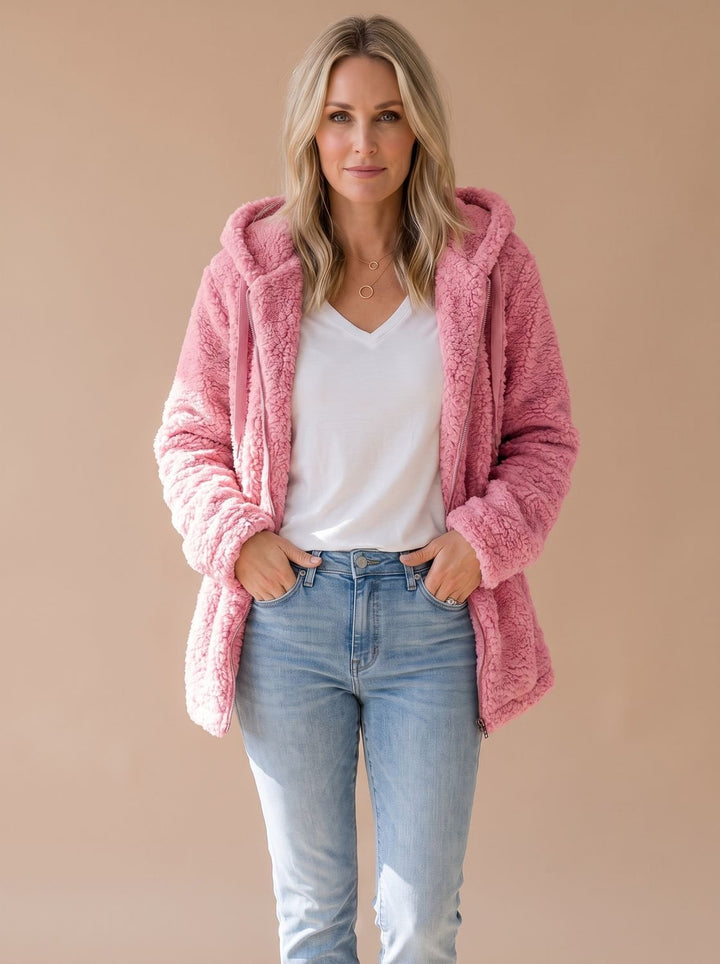 Women's Oversized Hooded Teddy Fleece Zip-Up Coat - Pink