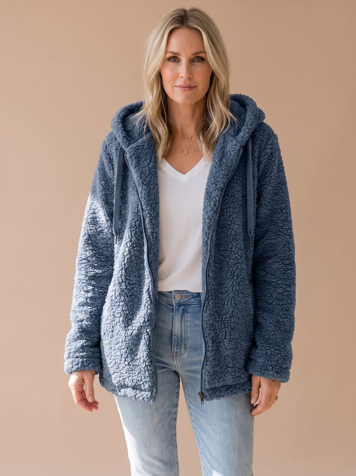 Women's Oversized Hooded Teddy Fleece Zip-Up Coat - Blue
