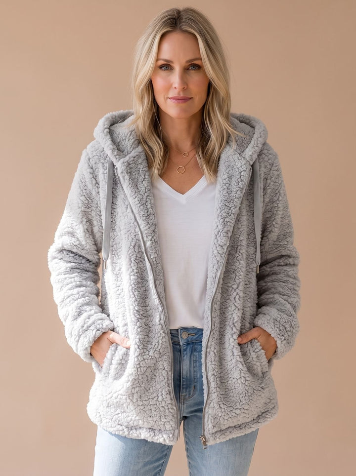 Women's Oversized Hooded Teddy Fleece Zip-Up Coat - Light Gray