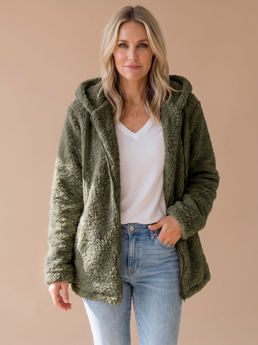 Women's Oversized Hooded Teddy Fleece Zip-Up Coat - Green