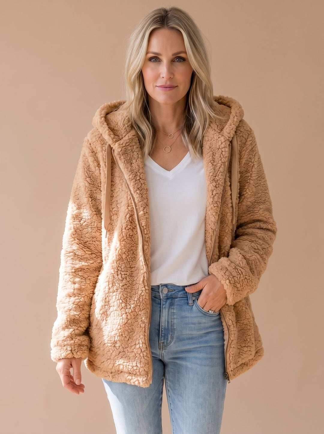 Women's Oversized Hooded Teddy Fleece Zip-Up Coat - Cappuccino