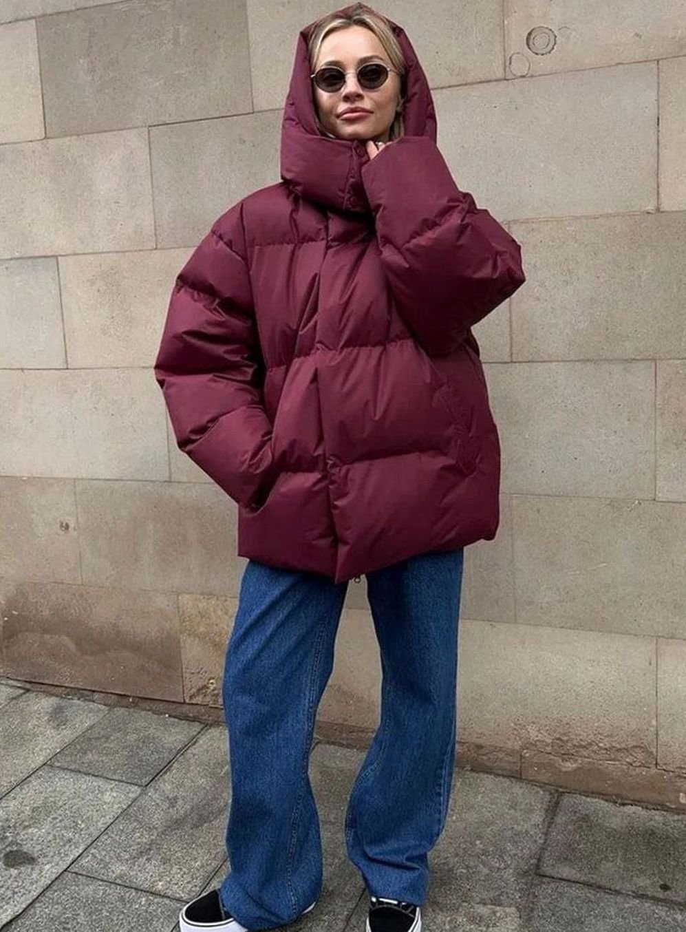 Women's Oversized Hooded Zip-Up Puffer Jacket - Dark Red