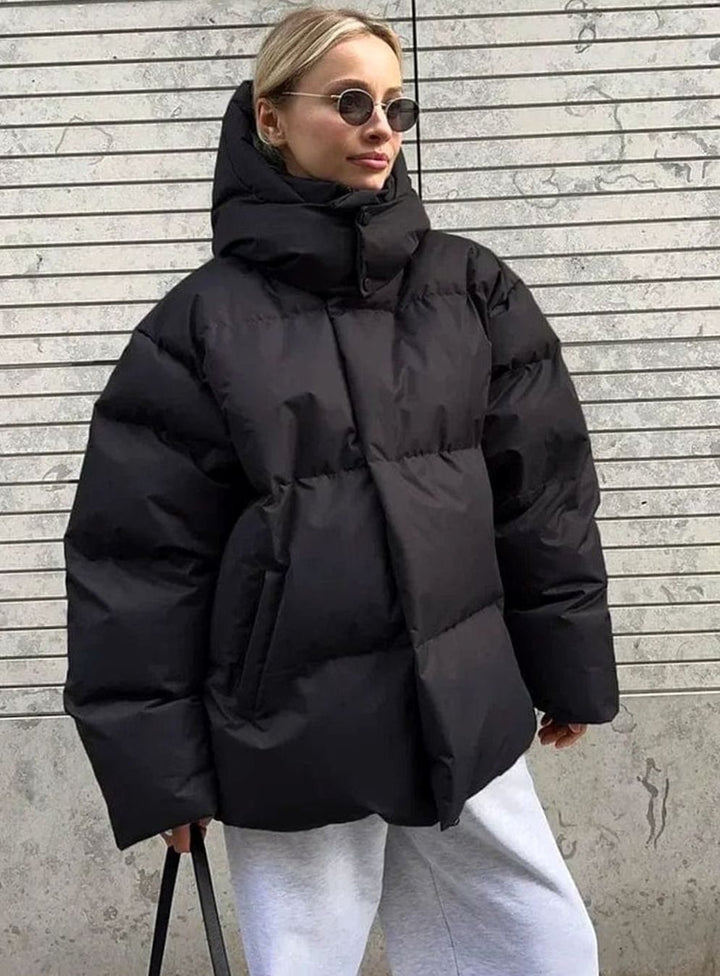 Women's Oversized Hooded Zip-Up Puffer Jacket - Black