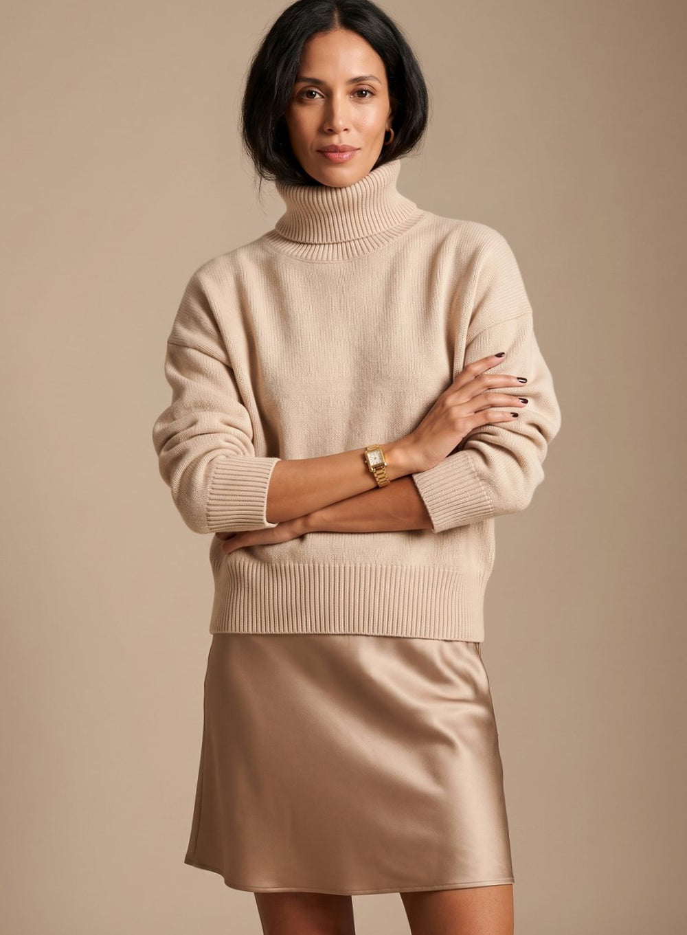 Women's Oversized Knit Turtleneck Pullover Sweater - Beige