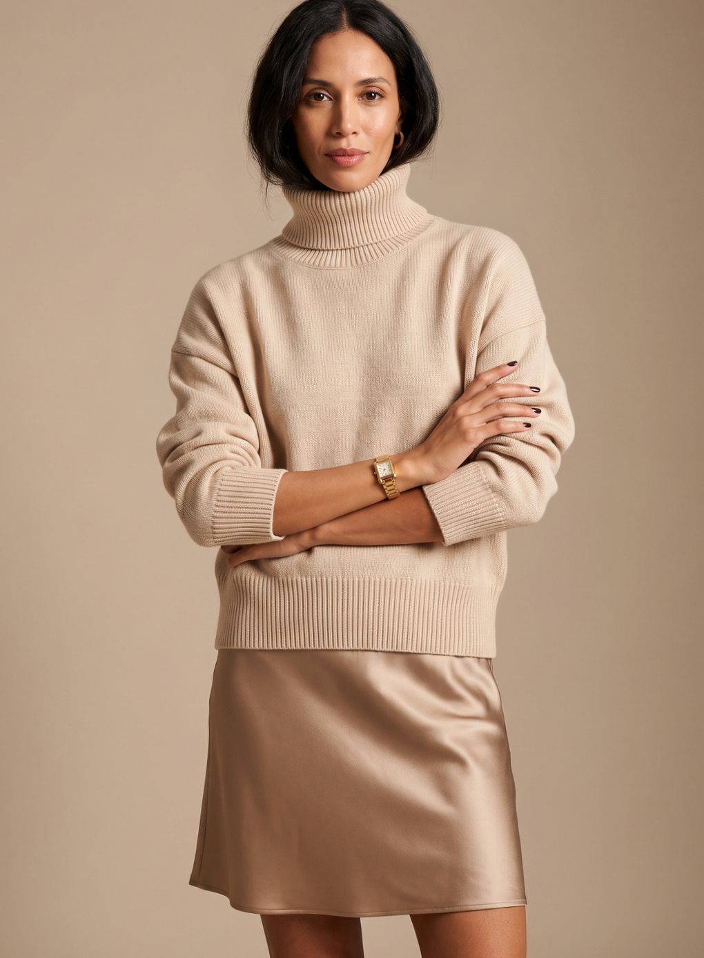 Women's Oversized Knit Turtleneck Pullover Sweater - Beige