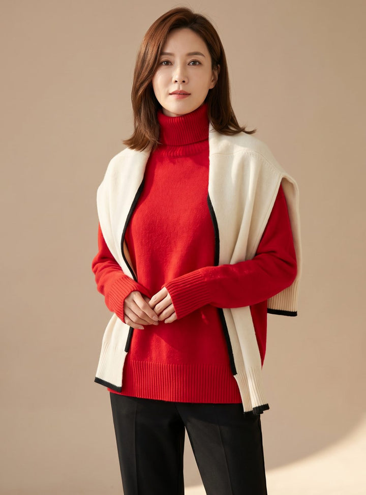 Women's Oversized Knit Turtleneck Pullover Sweater - Red