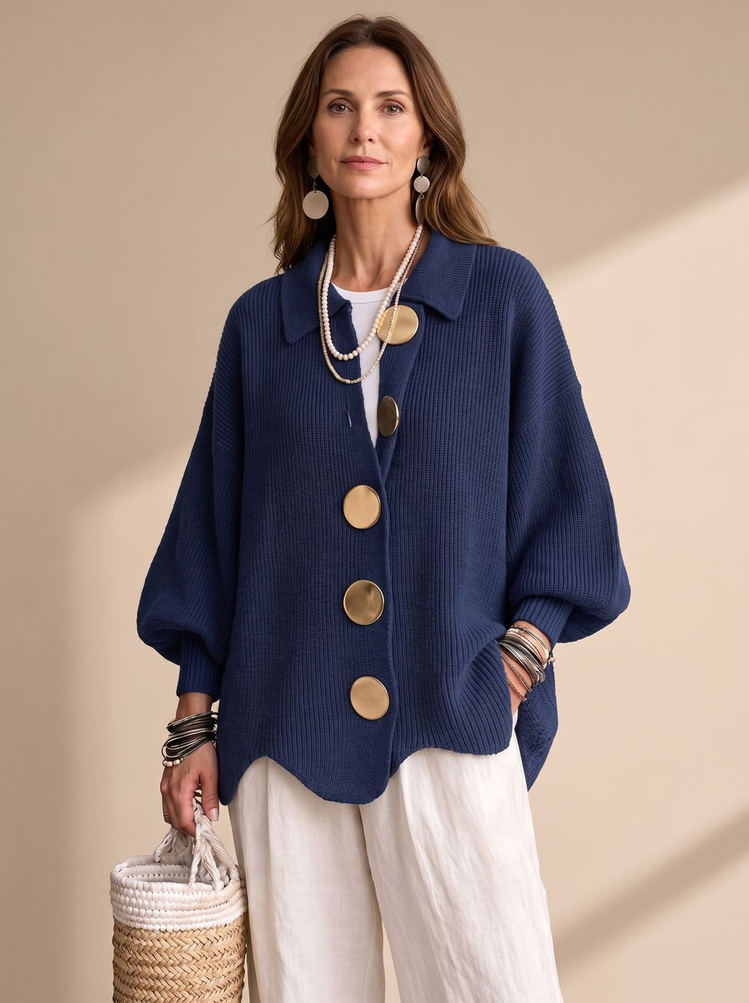 Women's Oversized Lantern-Sleeve Gold-Button Knit Cardigan - Navy Blue