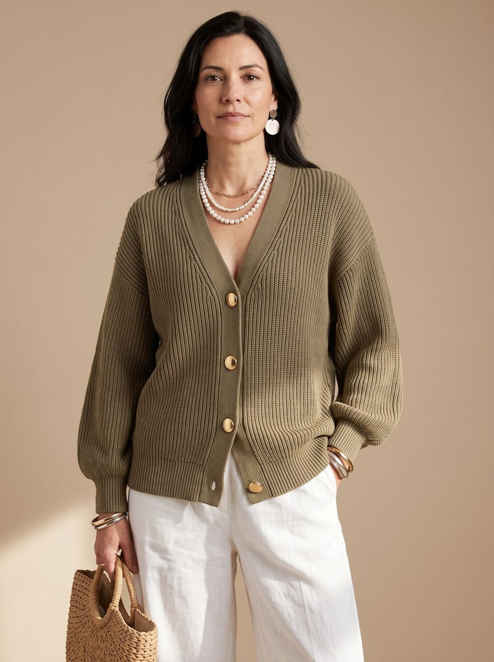Women's Oversized Lantern-Sleeve Gold-Button Knit Cardigan - Khaki