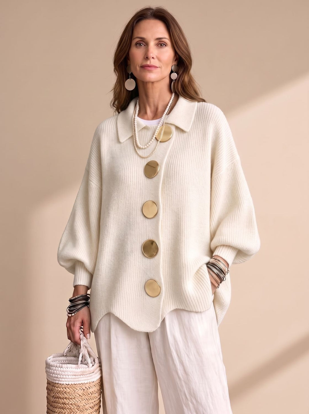 Women's Oversized Lantern-Sleeve Gold-Button Knit Cardigan - Ivory White