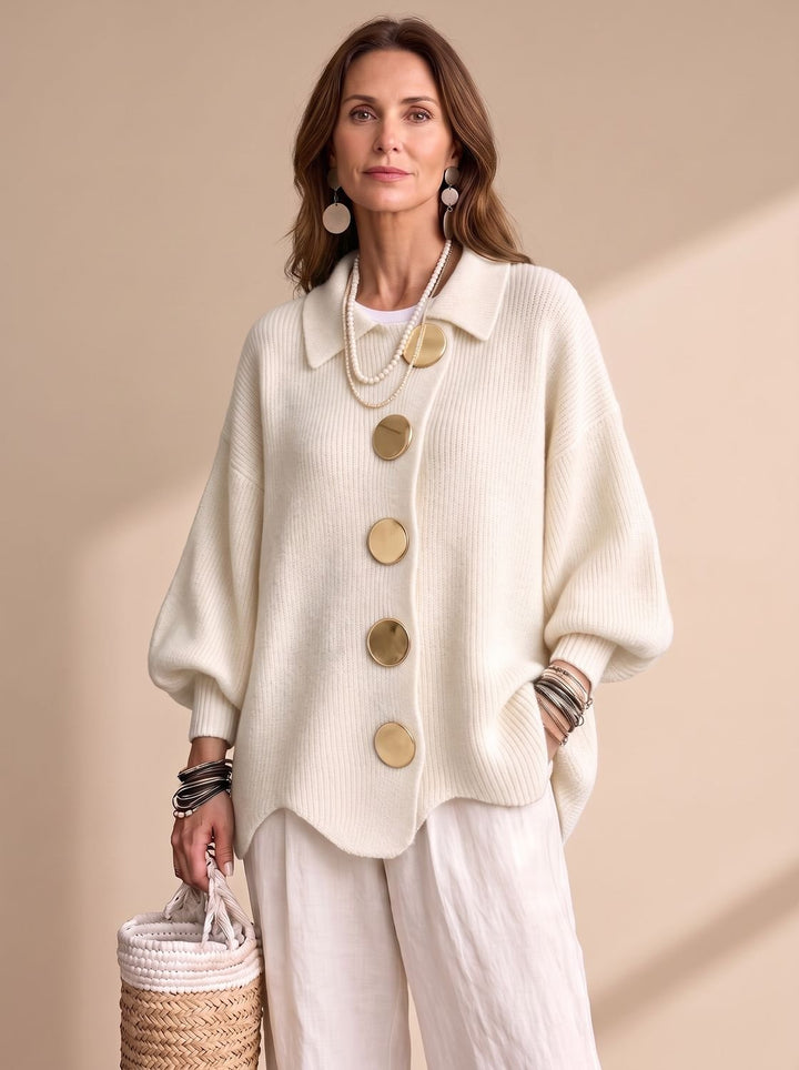 Women's Oversized Lantern-Sleeve Gold-Button Knit Cardigan - Ivory White