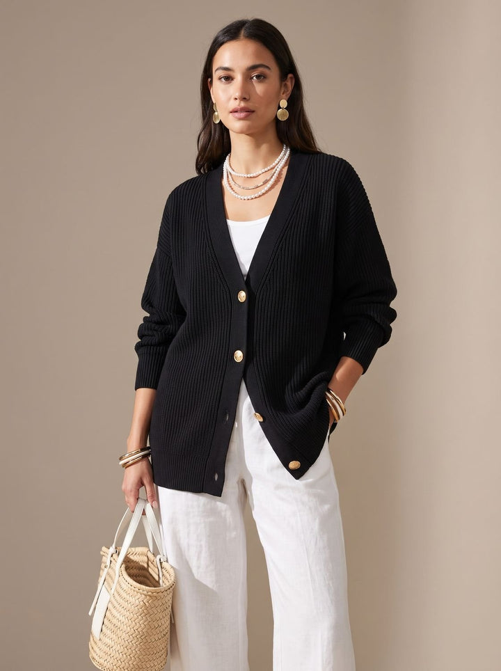 Women's Oversized Lantern-Sleeve Gold-Button Knit Cardigan - Black
