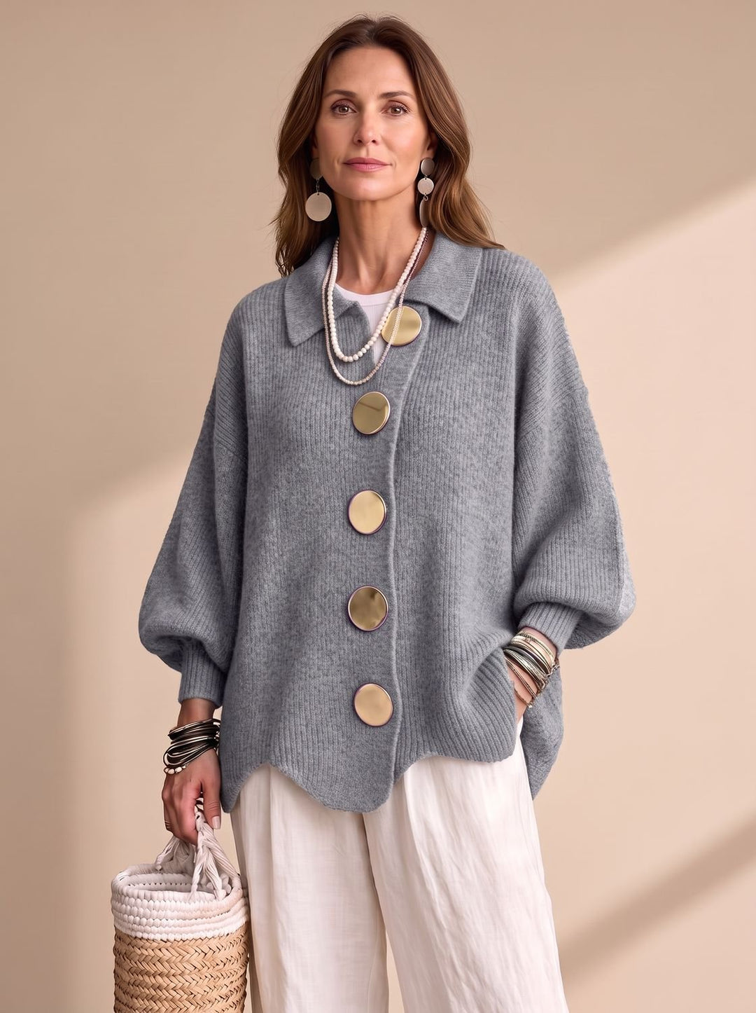 Women's Oversized Lantern-Sleeve Gold-Button Knit Cardigan - Gray