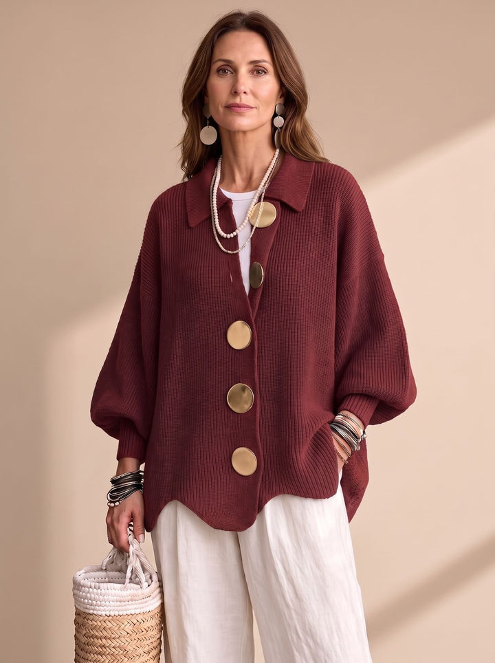 Women's Oversized Lantern-Sleeve Gold-Button Knit Cardigan - Red