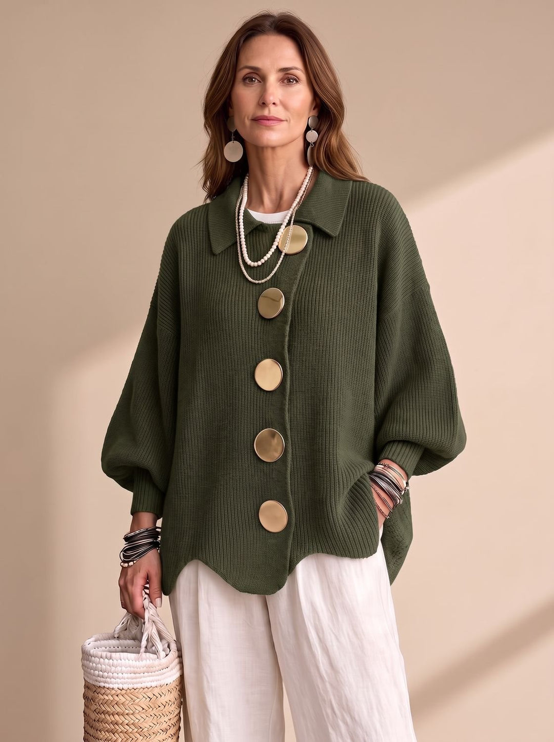 Women's Oversized Lantern-Sleeve Gold-Button Knit Cardigan - Olive Green