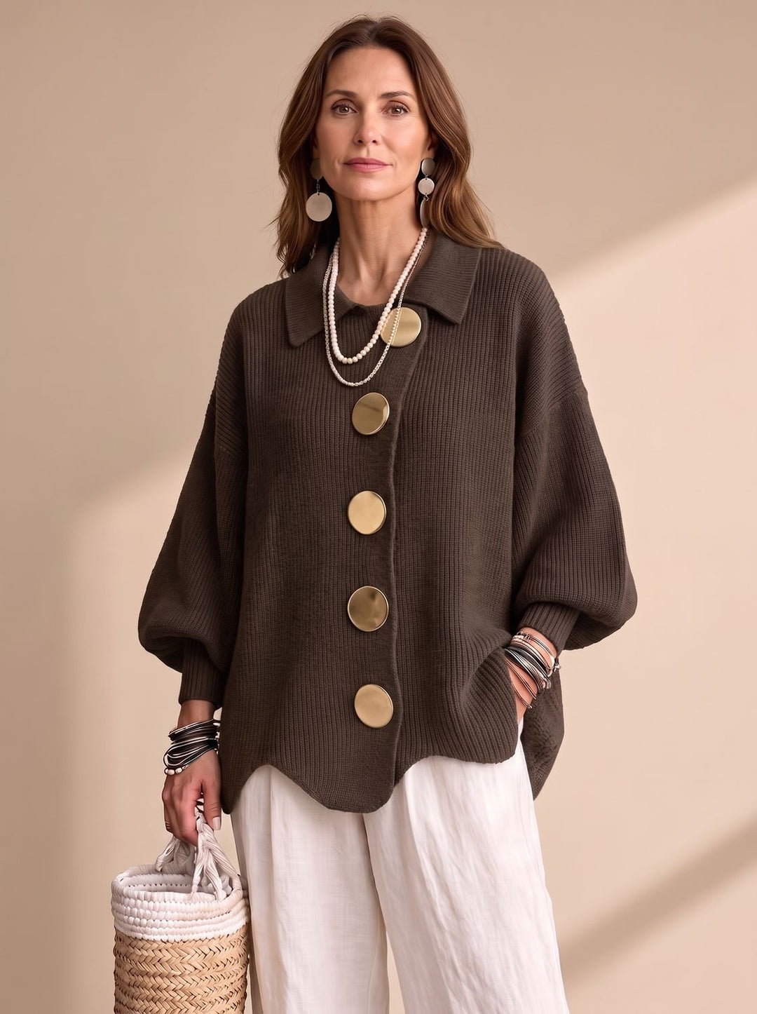 Women's Oversized Lantern-Sleeve Gold-Button Knit Cardigan - Mocha