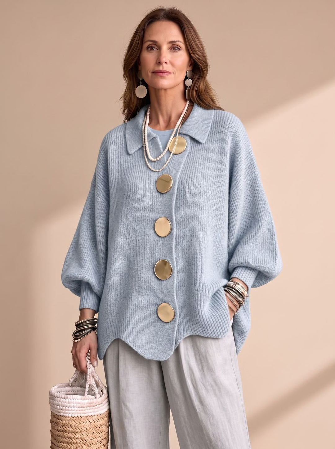 Women's Oversized Lantern-Sleeve Gold-Button Knit Cardigan - Sky Blue