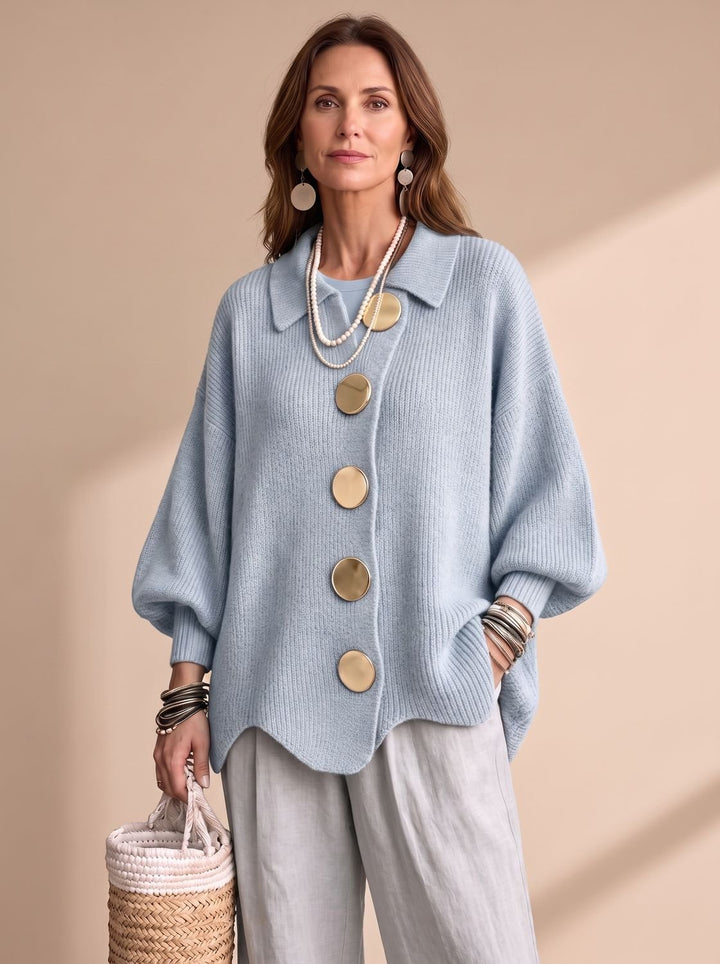 Women's Oversized Lantern-Sleeve Gold-Button Knit Cardigan - Sky Blue