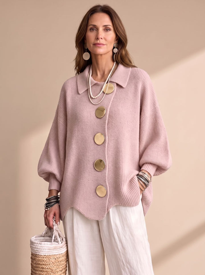 Women's Oversized Lantern-Sleeve Gold-Button Knit Cardigan - Powder Pink
