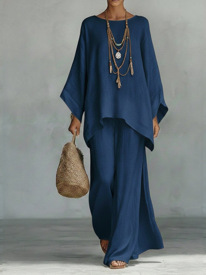 Women's Oversized Linen Batwing-Sleeve Top Wide-Leg Pants Two-Piece Set - Navy Blue