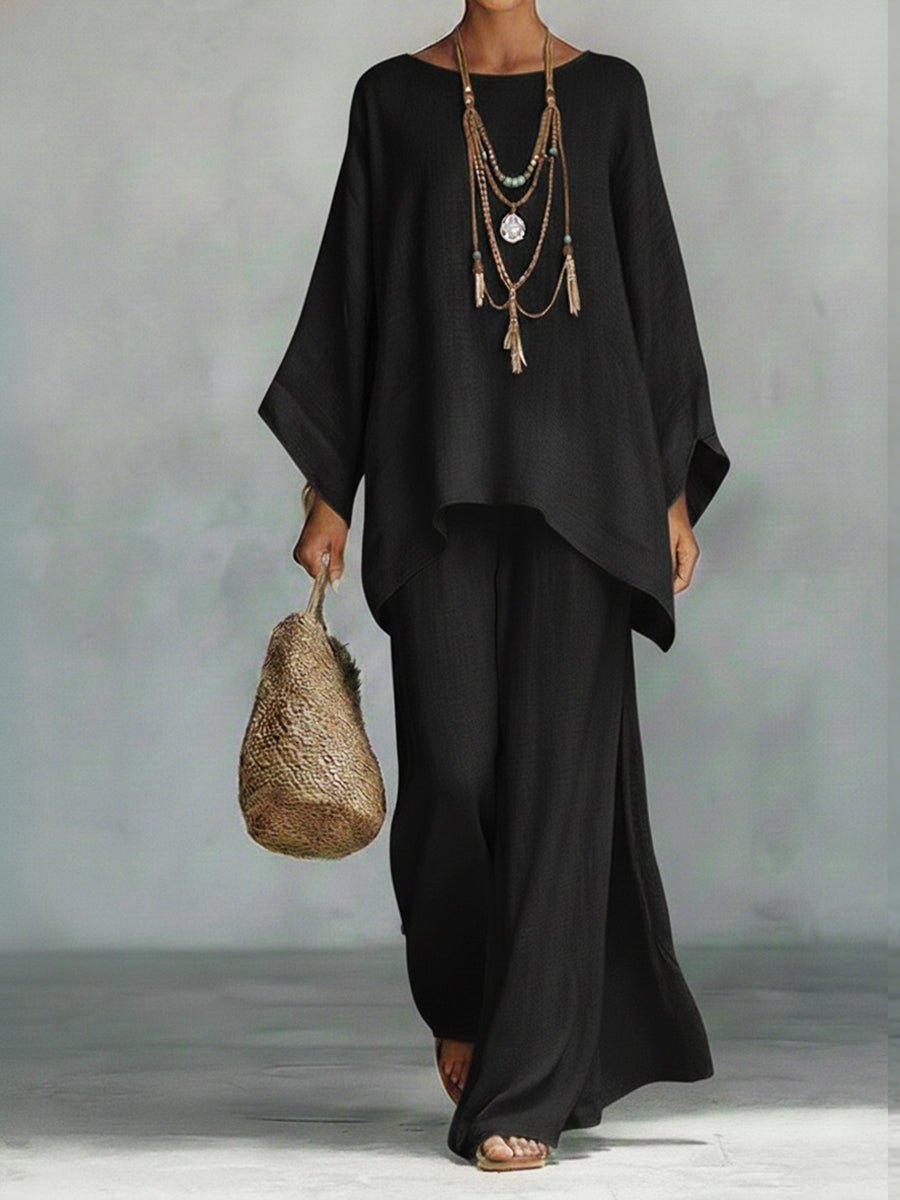 Women's Oversized Linen Batwing-Sleeve Top Wide-Leg Pants Two-Piece Set - Black