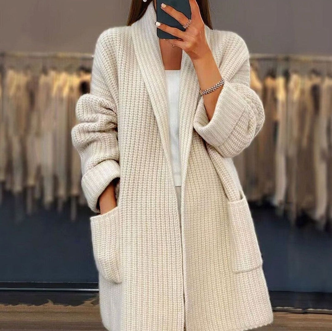 Women's Oversized Long Knit Relaxed Fit Cardigan Pockets - Apricot