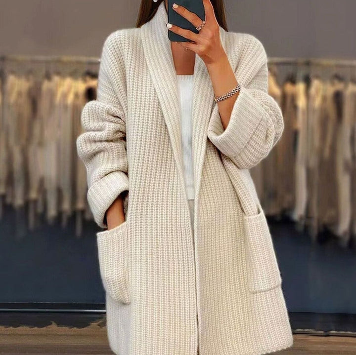 Women's Oversized Long Knit Relaxed Fit Cardigan Pockets - Apricot
