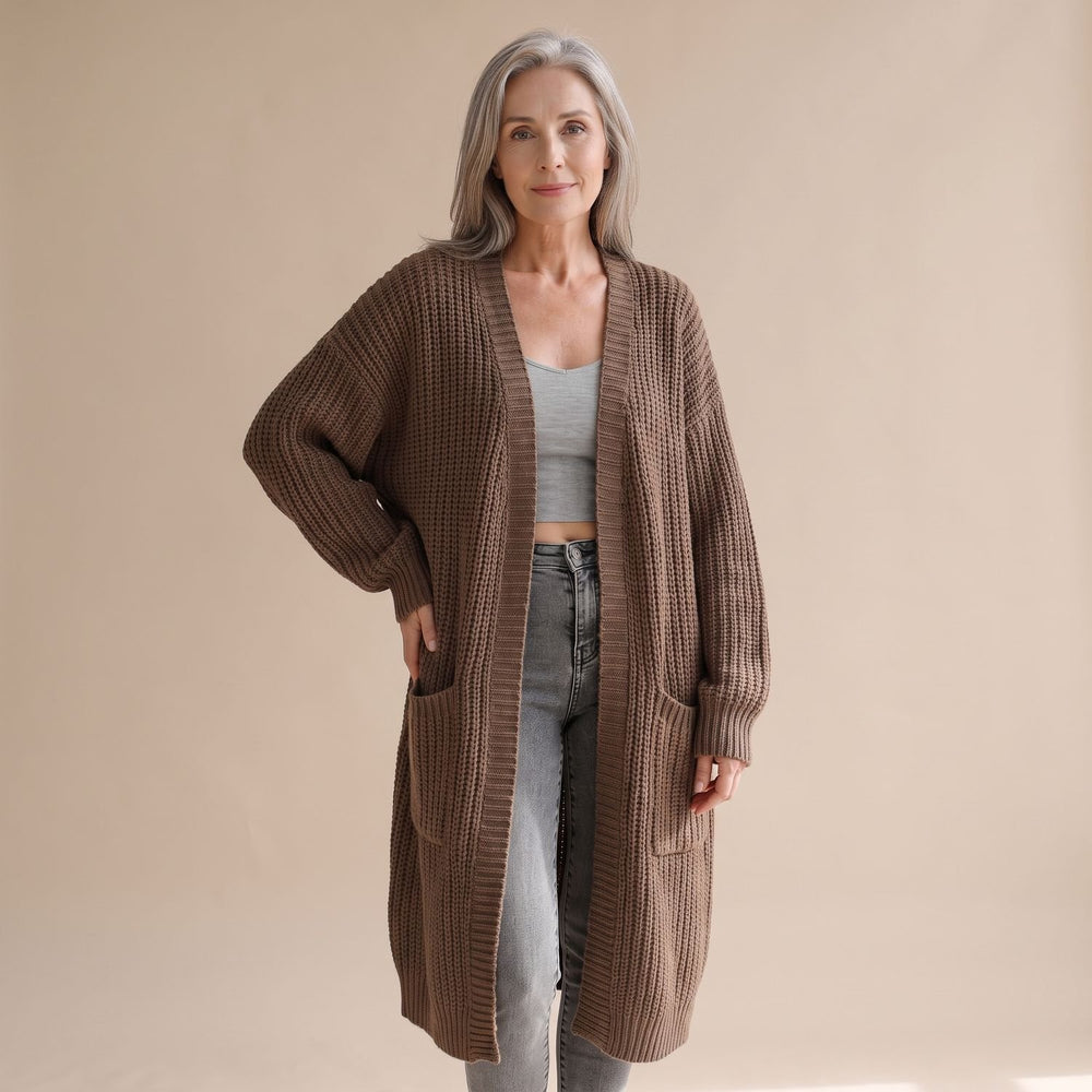 Women's Oversized Long Ribbed Knit Open-Front Cardigan - Brown