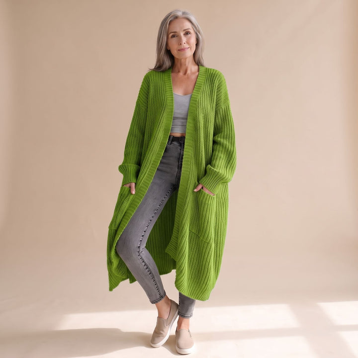 Women's Oversized Long Ribbed Knit Open-Front Cardigan - Olive Green