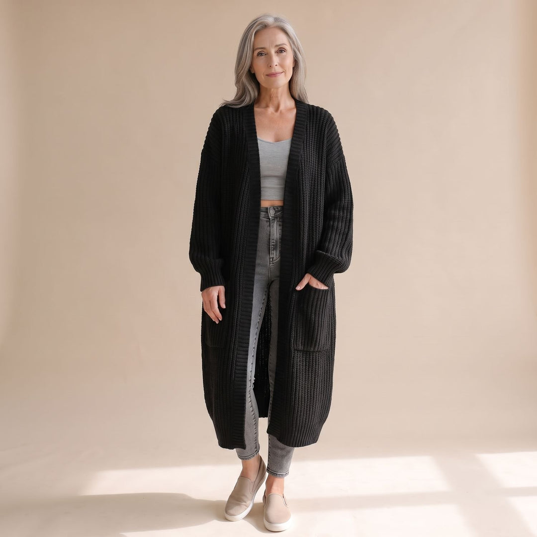 Women's Oversized Long Ribbed Knit Open-Front Cardigan - Black